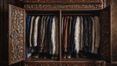 standing,boots,indoors,fur trim,no humans,brown footwear,painting (object),still life,carpet,solo,1boy,male focus,robe,wooden floor,rug