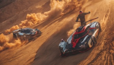 1boy,jacket,weapon,male focus,outdoors,sky,cloud,from behind,helmet,ground vehicle,scenery,motor vehicle,smoke,science fiction,realistic,sand,car,road,vehicle focus,motorcycle,desert,driving,dust,dust cloud,multiple boys,2boys,dutch angle