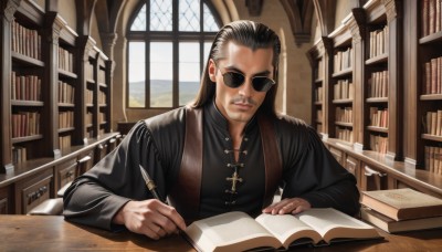 solo,long hair,shirt,black hair,long sleeves,1boy,holding,sitting,closed mouth,upper body,male focus,day,indoors,lips,book,black shirt,window,facial hair,chair,table,sunglasses,desk,open book,realistic,bookshelf,pen,hair slicked back,book stack,library,writing,quill,inkwell,looking at viewer,suspenders,cross,beard,forehead,holding book,mustache,reading