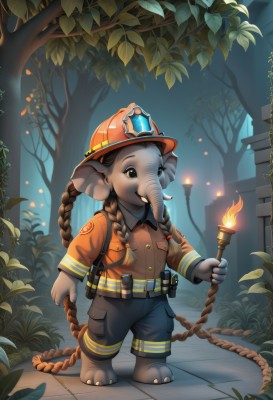 solo,long hair,brown hair,shirt,1boy,hat,holding,brown eyes,very long hair,closed mouth,standing,full body,braid,male focus,outdoors,barefoot,pants,artist name,twin braids,tree,night,leaf,watermark,helmet,fire,plant,child,nature,furry,pocket,candle,furry male,orange shirt,torch,stone floor,long sleeves,animal ears,tail,shorts,belt,grass