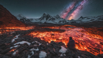 solo, 1boy, sitting, outdoors, sky, from behind, night, fire, star (sky), night sky, scenery, starry sky, mountain