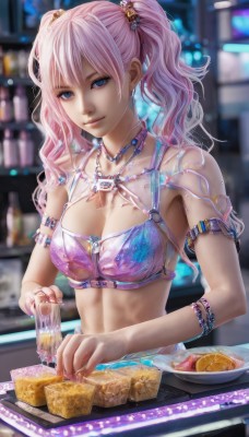 1girl,solo,long hair,breasts,looking at viewer,smile,blue eyes,hair ornament,cleavage,twintails,jewelry,medium breasts,swimsuit,upper body,pink hair,food,midriff,necklace,nail polish,blurry,bracelet,cup,blurry background,ring,armlet,realistic,bangs,closed mouth,bikini,lips,bikini top only,alcohol