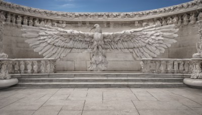 1girl,solo,long hair,dress,monochrome,greyscale,outdoors,wings,sky,day,indoors,from behind,scenery,feathered wings,angel wings,stairs,angel,pillar,statue,standing,nude,cloud,blue sky,spot color,white wings,facing away,multiple wings,column,fountain