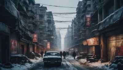 outdoors,sky,day,cloud,no humans,ground vehicle,building,scenery,motor vehicle,snow,6+boys,city,sign,car,road,ruins,multiple others,power lines,street,utility pole,truck,people,real world location,6+others,trash bag,standing,multiple boys,snowing,silhouette,winter,lamppost,debris