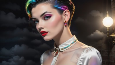 1girl,solo,looking at viewer,short hair,blue eyes,black hair,dress,jewelry,blue hair,collarbone,upper body,multicolored hair,earrings,outdoors,parted lips,sky,cloud,collar,two-tone hair,lips,streaked hair,see-through,eyelashes,makeup,detached collar,night,cloudy sky,lipstick,gem,portrait,eyeshadow,realistic,nose,red lips,eyeliner,brick wall,lamppost,mascara,breasts,cleavage,green hair