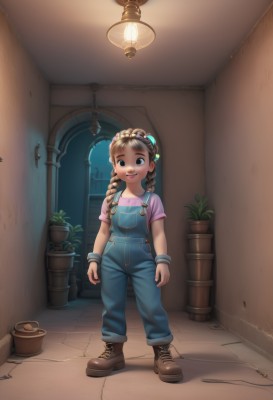 1girl,solo,long hair,looking at viewer,smile,open mouth,brown hair,shirt,hair ornament,jewelry,standing,full body,braid,short sleeves,boots,indoors,black eyes,twin braids,window,night,brown footwear,plant,wristband,child,cross-laced footwear,pink shirt,door,female child,potted plant,lamp,overalls,bangs,blunt bangs,bracelet,lips,blue overalls