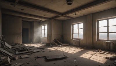 sky,day,indoors,no humans,window,chair,sunlight,scenery,door,ruins,broken,rubble,broken window,shadow,building,ceiling