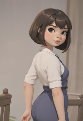 1girl,solo,breasts,looking at viewer,blush,smile,short hair,bangs,brown hair,shirt,dress,brown eyes,closed mouth,school uniform,standing,white shirt,ass,ahoge,short sleeves,cowboy shot,small breasts,necktie,collared shirt,belt,looking back,artist name,indoors,from side,lips,blue skirt,fingernails,looking to the side,blue dress,bob cut,thick eyebrows,curtains,sleeves rolled up,freckles,nose,thick lips,skirt,makeup,office lady