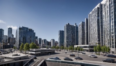 outdoors,sky,day,cloud,tree,blue sky,no humans,ground vehicle,building,scenery,motor vehicle,city,car,road,cityscape,lamppost,street,skyscraper,crosswalk,real world location,bridge,sports car,truck,skyline