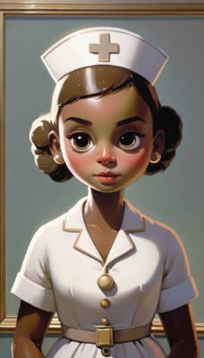 1girl,solo,looking at viewer,blush,brown hair,hat,dress,brown eyes,jewelry,upper body,short sleeves,earrings,belt,indoors,dark skin,hair bun,white dress,dark-skinned female,lips,double bun,makeup,lipstick,freckles,curly hair,nose,nurse cap,red lips,nurse,very dark skin,short hair,eyelashes,cross