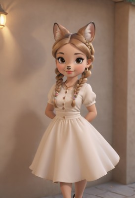 1girl,solo,long hair,breasts,looking at viewer,blush,smile,bangs,brown hair,hair ornament,dress,animal ears,twintails,brown eyes,jewelry,closed mouth,standing,full body,braid,short sleeves,earrings,small breasts,outdoors,shoes,puffy sleeves,artist name,indoors,necklace,black footwear,white dress,twin braids,puffy short sleeves,animal ear fluff,makeup,buttons,arms behind back,child,hair over shoulder,furry,furry female,collared dress,female child,body fur,animal nose,alley,flower,cat ears,hair flower,lips,watermark,extra ears