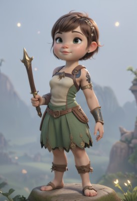 1girl,solo,breasts,smile,short hair,brown hair,hair ornament,dress,holding,bare shoulders,jewelry,closed mouth,green eyes,standing,full body,weapon,flower,hairband,earrings,small breasts,outdoors,sleeveless,belt,sword,holding weapon,blurry,lips,tattoo,toes,blurry background,holding sword,sandals,grass,knife,child,freckles,green dress,pouch,skirt,chibi,rock,realistic