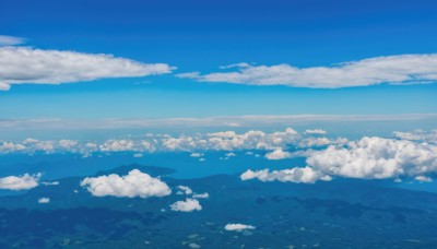 monochrome,outdoors,sky,day,cloud,water,blue sky,no humans,ocean,cloudy sky,nature,scenery,blue theme,mountain,horizon,landscape,island,above clouds