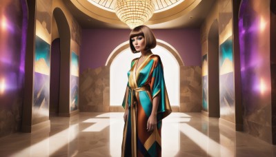 1girl,solo,breasts,looking at viewer,short hair,bangs,blue eyes,brown hair,dress,brown eyes,standing,indoors,dark skin,wide sleeves,blunt bangs,dark-skinned female,lips,makeup,bob cut,lipstick,robe,arms at sides,pillar,scenery,statue,egyptian,stained glass