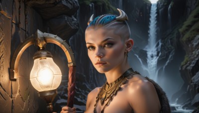 1girl,solo,looking at viewer,short hair,holding,brown eyes,jewelry,blue hair,upper body,multicolored hair,earrings,horns,water,necklace,two-tone hair,lips,grey eyes,staff,lantern,realistic,fantasy,holding staff,very short hair,waterfall,cave,mohawk