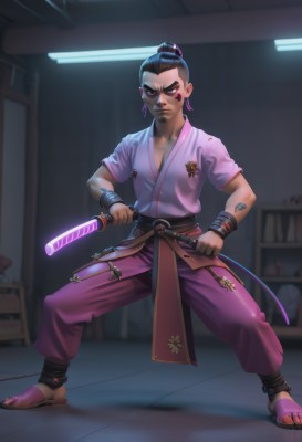 1girl,solo,looking at viewer,short hair,black hair,1boy,holding,jewelry,closed mouth,standing,full body,weapon,short sleeves,male focus,earrings,japanese clothes,pants,sword,indoors,dark skin,kimono,hair bun,holding weapon,blurry,bracelet,tattoo,blurry background,glowing,facial mark,holding sword,sandals,single hair bun,thick eyebrows,katana,sheath,toenails,serious,fighting stance,hair pulled back,topknot,dougi,glowing weapon,energy sword,glowing sword,lightsaber,breasts,brown hair,hair ornament,brown eyes,collarbone,ponytail,small breasts,sash,toes,frown,legs apart,facepaint,facial tattoo,unsheathing,pink pants