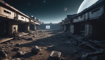 outdoors,sky,no humans,night,moon,ground vehicle,star (sky),scenery,motor vehicle,starry sky,science fiction,space,ruins,planet,train,spacecraft,debris,rubble,window,building,night sky,full moon,rock,broken,earth (planet),desert