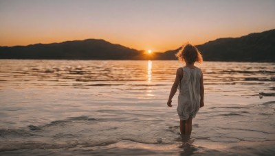 1girl,solo,short hair,brown hair,dress,bare shoulders,twintails,standing,outdoors,sky,barefoot,sleeveless,dark skin,water,from behind,white dress,dark-skinned female,sleeveless dress,ocean,beach,scenery,wading,reflection,walking,sunset,sand,arms at sides,sun,horizon,facing away,dirty,waves,evening,shore,orange sky,footprints,dirty clothes