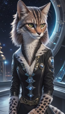 1girl,solo,long sleeves,animal ears,jewelry,closed mouth,green eyes,jacket,tail,yellow eyes,sky,belt,artist name,indoors,cat ears,signature,black jacket,no humans,window,night,cat,slit pupils,brooch,building,gem,star (sky),night sky,furry,starry sky,animal hands,furry female,body fur,animal focus,white fur,whiskers,black fur,grey fur,looking at viewer,cowboy shot,cat tail,animal,colored sclera,space,badge,yellow sclera