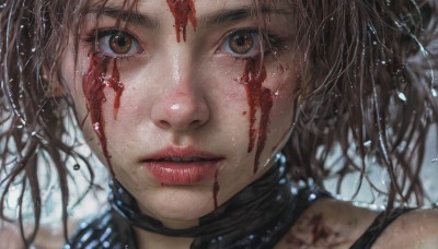 1girl,solo,looking at viewer,short hair,bangs,brown hair,brown eyes,jewelry,parted lips,teeth,choker,blurry,lips,eyelashes,blood,portrait,close-up,blood on face,realistic,nose,red lips,long hair,black hair,bare shoulders,depth of field,messy hair,injury