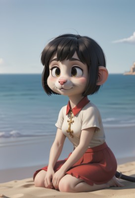 1girl,solo,breasts,blush,smile,short hair,bangs,skirt,brown hair,shirt,black hair,brown eyes,sitting,closed mouth,tail,full body,white shirt,short sleeves,pleated skirt,small breasts,outdoors,sky,barefoot,day,collared shirt,cloud,water,blurry,blue sky,depth of field,blurry background,red skirt,ocean,animal,beach,cross,child,furry,seiza,sand,furry female,horizon,female child,mouse,whiskers