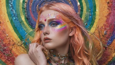 1girl,solo,long hair,blue eyes,blonde hair,bare shoulders,jewelry,parted lips,teeth,hand up,necklace,orange hair,mole,lips,looking to the side,eyelashes,makeup,looking away,ring,gem,portrait,eyeshadow,freckles,realistic,rainbow,colorful,mascara,choker,nail polish,facial mark,nose,gold