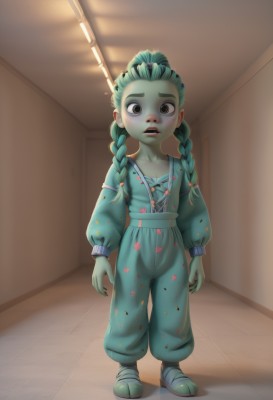 1girl,solo,long hair,looking at viewer,blush,hair ornament,long sleeves,brown eyes,standing,collarbone,full body,braid,heart,parted lips,green hair,shoes,teeth,puffy sleeves,pants,indoors,black eyes,twin braids,flat chest,aqua hair,colored skin,child,puffy long sleeves,wide-eyed,arms at sides,tiles,female child,overalls,green skin,tile floor,hallway,open mouth,artist name,fingernails,watermark,thick eyebrows,door,slippers