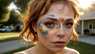 HQ,1girl,solo,looking at viewer,short hair,blonde hair,brown hair,jewelry,green eyes,earrings,outdoors,parted lips,day,mole,blurry,lips,eyelashes,makeup,depth of field,blurry background,facial mark,sunlight,ground vehicle,portrait,mole under mouth,motor vehicle,freckles,realistic,nose,car,mole on cheek,brown eyes,tree,grass,building,close-up,lens flare,facepaint