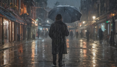 short hair, black hair, holding, standing, outdoors, sky, solo focus, pants, bag, from behind, black footwear, coat, night, umbrella, black pants, building, scenery, reflection, walking, rain, holding umbrella, city, road, transparent, lamppost, street, transparent umbrella, people