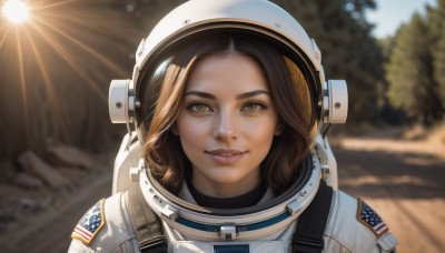 1girl,solo,looking at viewer,smile,brown hair,brown eyes,upper body,outdoors,parted lips,teeth,day,medium hair,blurry,tree,lips,depth of field,blurry background,sunlight,helmet,portrait,lens flare,realistic,sun,american flag,spacesuit,space helmet,astronaut,bangs,yellow eyes,grin,close-up,forehead,reflection,light rays,nose