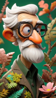 solo,looking at viewer,blue eyes,simple background,shirt,1boy,jacket,upper body,flower,white hair,male focus,glasses,collared shirt,blurry,buttons,blurry background,facial hair,beard,pink flower,green background,black-framed eyewear,brown jacket,round eyewear,green shirt,mustache,old,old man,short hair,closed mouth,artist name,dress shirt,depth of field,leaf,thick eyebrows,plant,wing collar,goggles,portrait,web address,green jacket,branch