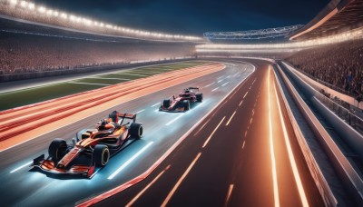 sky,no humans,night,ground vehicle,motor vehicle,science fiction,car,road,vehicle focus,crowd,lights,sports car,stadium,realistic,laser,audience