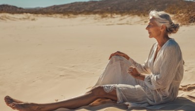 1girl,solo,open mouth,long sleeves,dress,jewelry,sitting,full body,closed eyes,white hair,grey hair,outdoors,barefoot,day,dark skin,hair bun,white dress,bracelet,feet,from side,dark-skinned female,profile,toes,beach,single hair bun,knee up,robe,realistic,sand,hand on own knee,on ground,dirty,fine art parody,dirty feet,short hair,closed mouth,signature,water,blurry,skirt hold,old,old woman,wrinkled skin