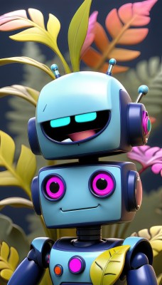 solo,looking at viewer,smile,open mouth,blue eyes,upper body,flower,pink eyes,blurry,no humans,blurry background,leaf,robot,mecha,straight-on,humanoid robot,closed mouth,feathers,pink flower,antennae,on head,joints