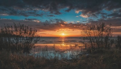 outdoors,sky,cloud,water,tree,blue sky,no humans,sunlight,cloudy sky,grass,nature,scenery,forest,reflection,sunset,mountain,sun,horizon,bare tree,evening,landscape,gradient sky,orange sky,ocean