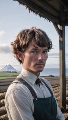 solo,looking at viewer,short hair,brown hair,shirt,black hair,long sleeves,1boy,brown eyes,closed mouth,white shirt,upper body,male focus,outdoors,sky,day,collared shirt,bowtie,blurry,blurry background,facial hair,suspenders,mountain,realistic,overalls,mountainous horizon,bangs,necktie,cloud,blue sky,lips,sunlight,wing collar,black necktie,mustache