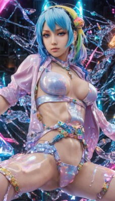 1girl,solo,breasts,looking at viewer,short hair,bangs,blue eyes,blonde hair,hair ornament,navel,jewelry,medium breasts,underwear,blue hair,panties,jacket,swimsuit,flower,bikini,multicolored hair,hairband,earrings,parted lips,open clothes,shiny,belt,hair flower,spread legs,necklace,bra,two-tone hair,open jacket,lips,see-through,shiny skin,open shirt,thigh strap,ice,crystal,realistic,shirt,wet,watermark,breasts apart