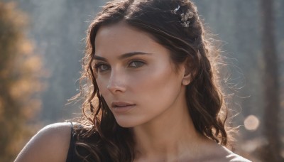 1girl,solo,long hair,looking at viewer,brown hair,black hair,hair ornament,bare shoulders,brown eyes,parted lips,teeth,blurry,lips,grey eyes,depth of field,blurry background,wavy hair,portrait,freckles,curly hair,realistic,nose,upper body,eyelashes,sunlight,close-up,backlighting