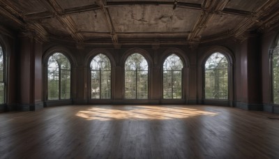 day,indoors,tree,no humans,window,shadow,sunlight,scenery,light rays,wooden floor,door,sunbeam,pillar,hallway,church,plant,nature,forest,floor,reflective floor