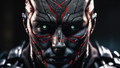 solo,looking at viewer,1boy,closed mouth,green eyes,male focus,armor,blurry,depth of field,glowing,helmet,black background,portrait,close-up,science fiction,realistic,straight-on,cyborg,upper body,bodysuit,mask,colored sclera