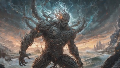 solo,1boy,standing,male focus,outdoors,sky,teeth,cloud,water,no humans,muscular,glowing,ocean,cloudy sky,sharp teeth,glowing eyes,claws,tentacles,monster,mountain,electricity,giant,extra arms,lightning,kaijuu,red eyes,scenery,sunset,fantasy