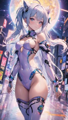 1girl,solo,long hair,breasts,looking at viewer,blush,bangs,blue eyes,hair ornament,thighhighs,long sleeves,animal ears,cleavage,bare shoulders,twintails,medium breasts,very long hair,blue hair,standing,ahoge,white hair,sidelocks,thighs,cowboy shot,outdoors,parted lips,detached sleeves,sky,cat ears,white thighhighs,leotard,groin,animal ear fluff,clothing cutout,sideboob,covered navel,skindentation,night,highleg,moon,cleavage cutout,building,night sky,bridal gauntlets,skin tight,full moon,highleg leotard,city,white leotard,cityscape,barcode,sideless outfit,gloves,jewelry,closed mouth,earrings,small breasts,elbow gloves,collar,see-through,petals,thick thighs,extra ears,backlighting,blue leotard,bare hips