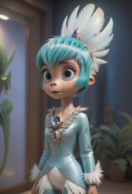 1girl,solo,short hair,bangs,hair ornament,long sleeves,brown eyes,jewelry,blue hair,standing,yellow eyes,cowboy shot,parted lips,pants,indoors,blurry,fur trim,aqua hair,blurry background,feathers,blue shirt,plant,brooch,gem,child,androgynous,potted plant,feather hair ornament,breasts,looking at viewer,dress,small breasts,window