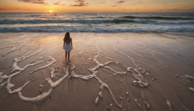 1girl, solo, long hair, brown hair, dress, standing, outdoors, sky, cloud, water, from behind, white dress, ocean, beach, scenery, reflection, sunset, sand, horizon, waves, shore, footprints