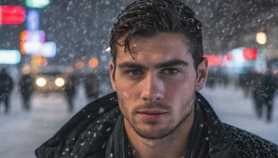 solo,looking at viewer,short hair,blue eyes,black hair,1boy,closed mouth,jacket,male focus,outdoors,solo focus,blurry,lips,black jacket,blurry background,facial hair,portrait,beard,snow,snowing,realistic,mustache,stubble,shirt,coat,wet,black shirt,night,motor vehicle,close-up,rain,mature male