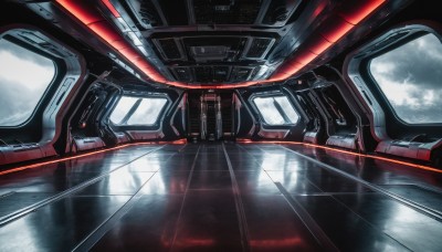 sky,cloud,no humans,window,cloudy sky,scenery,reflection,science fiction,cockpit,seat,indoors,robot,realistic,cable,space,spacecraft,spacesuit,reflective floor,screen