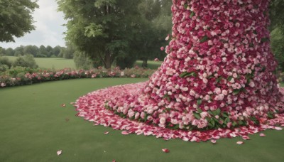 flower,outdoors,sky,day,cloud,tree,petals,no humans,grass,cherry blossoms,nature,scenery,pink flower,forest,bush,field,blue sky,leaf,cloudy sky,plant,flower field