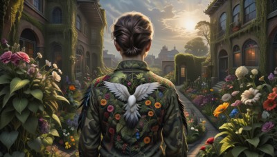 1girl,solo,short hair,brown hair,shirt,black hair,long sleeves,standing,upper body,flower,outdoors,wings,sky,day,cloud,hair bun,from behind,tree,window,bird,leaf,floral print,sunlight,single hair bun,cloudy sky,plant,white flower,red flower,building,scenery,feathered wings,pink flower,sunset,light rays,green jacket,yellow flower,green shirt,purple flower,arms at sides,facing away,sunbeam,vines,house,orange flower,1boy,jacket,male focus,watermark,sun,leather,statue,church,daisy,garden