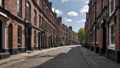 outdoors,sky,day,cloud,tree,blue sky,no humans,window,shadow,cloudy sky,plant,building,scenery,city,door,road,ruins,lamppost,street,pavement,stairs,railing,architecture,vanishing point