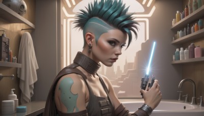 1girl,solo,breasts,looking at viewer,short hair,black hair,holding,cleavage,bare shoulders,brown eyes,jewelry,blue hair,upper body,weapon,multicolored hair,earrings,small breasts,green hair,sword,indoors,holding weapon,from side,lips,aqua hair,tattoo,makeup,bottle,science fiction,realistic,nose,arm tattoo,undercut,energy sword,mohawk,sink,cyberpunk,comb,lightsaber,medium breasts,collar,bracelet,piercing,spiked hair,ear piercing